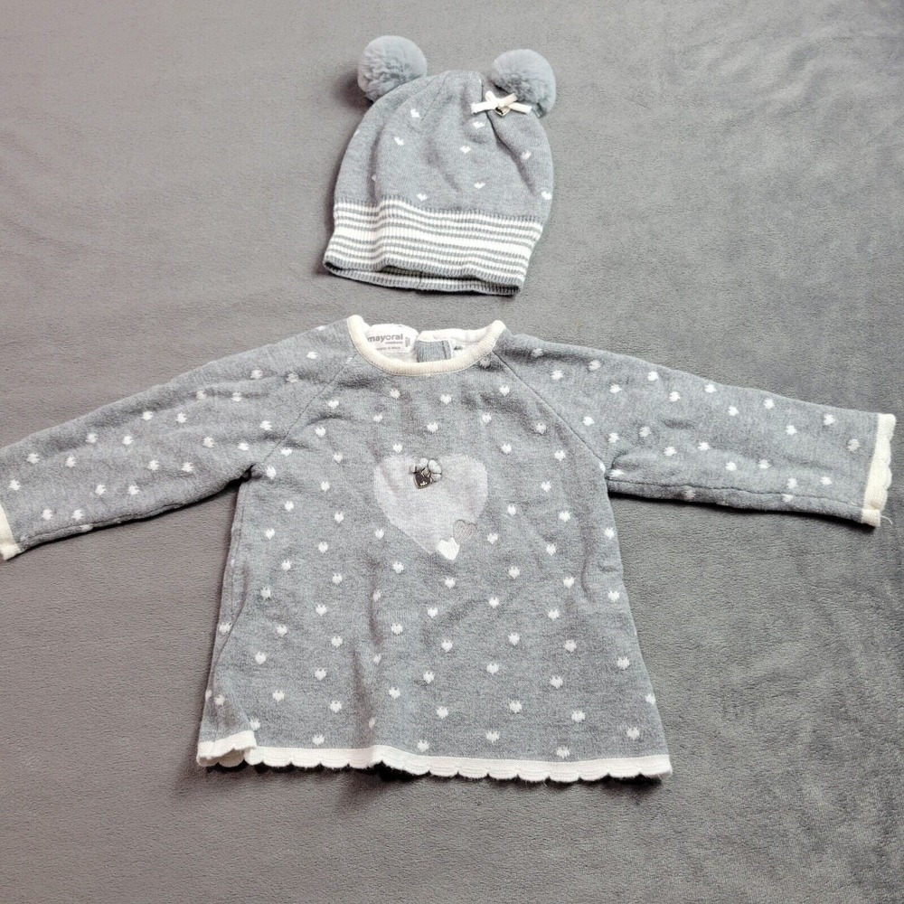Mayoral Sweater Baby Girl 6M Grey Love Match Hat Long Sleeve Fleece Newborn Top